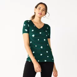 Women's Celebrate Together™ St. Patrick's Day V-Neck Graphic Tee -Kohl's shop 5229277 Black Clover Stripe