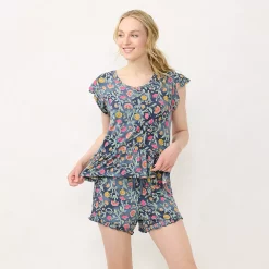 Women's LC Lauren Conrad Flutter Short Sleeve Pajama Top & Ruffle Pajama Shorts Sleep Set -Kohl's shop 5561839 Navy Floral