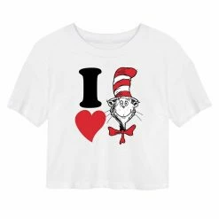 Juniors' Dr. Seuss Cat Valentine's Day Cropped Tee