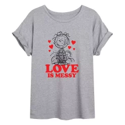 Juniors' Peanuts Love Is Messy Flowy Tee