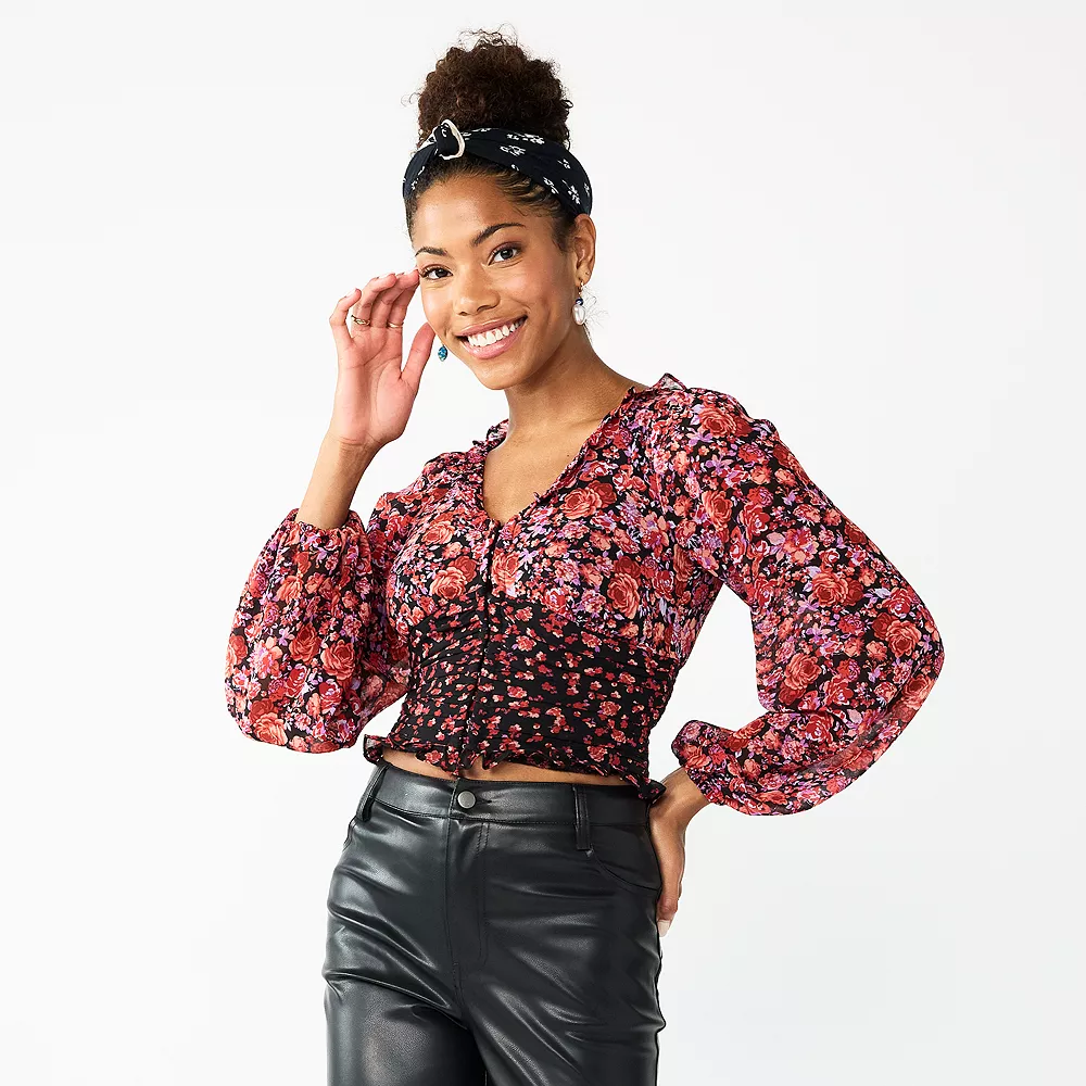 Juniors' SO® Mixed-Print Corset Blouse 1 Juniors' SO® Mixed-Print Corset Blouse