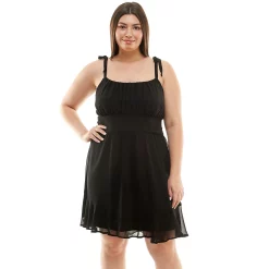 Juniors' Plus Size Lily Rose Tie Shoulder Mesh Skater Dress