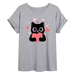 Juniors' Cat With Hearts Oversized Tee