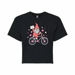 Juniors' Valentine's Day Gnome On Bike Cropped Tee